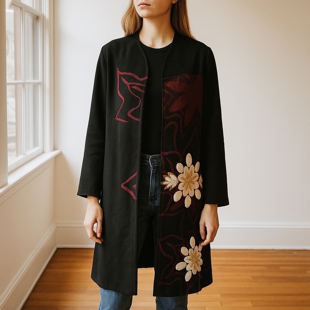 Vintage Boho Floral Embroidered Open Front Cape Coat Black Artsy Italy 42 EU